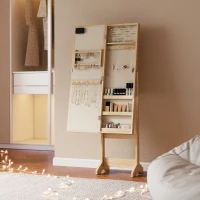 HOMCOM Espejo Joyero con Luces LED Armario para Joyas Armario Joyero de Pie con Espejo Entero Ángulo Ajustable Madera Natural(m-7)