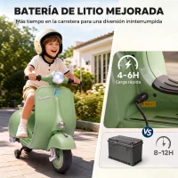 AIYAPLAY Moto Eléctrica para Niños Licencia VESPA Arranque Suave Ruedines Desmontables Luz Delantera Música, Bocina USB Verde(m-5)