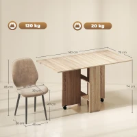 HOMCOM Dining Table Set, Folding Kitchen Table with Storage Shelves, 2 Velvet Upholstered Chairs, Natural Wood Finish and Light Brown(m-3)