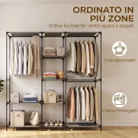 HOMCOM Armadio Aperto Salvaspazio con 3 Barre Appendiabiti, 5 Ripiani, Struttura in Acciaio, 182x43x182 cm, Nero(m-4)