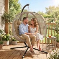 Outsunny Double Hanging Egg Chair 2 Seaters Texteline Swing Hammock Chair with Stand, Cushion and Folding Design, for Indoor and Outdoor, Brown(m-19)