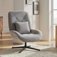 HOMCOM Accent Chair, Chenille Upholstered Swivel Armchair with Lumbar Pillow, High Back, Deep Seat and Metal Legs, Light Grey(m-10)