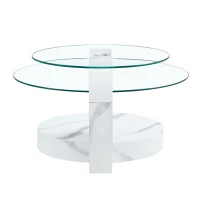 Table basse moderne minimaliste à 2 plateaux en verre de sécurité, design multi‑niveaux élégant, Blanc(m-11)