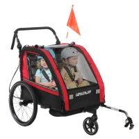 AIYAPLAY Remorque vélo enfant 2 en 1, poussette vélo bébé 2 places, guidon réglable, frein à main, ceinture de sécurité, rouge(m-17)