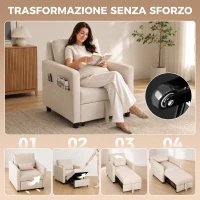 HOMCOM Poltrona Letto 3 in 1 in Tessuto Effetto Lino con Schienale Regolabile, Bianco Crema(m-4)