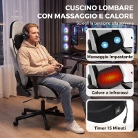 HOMCOM Sedia Gaming Ergonomica Massaggiante con Cuscino Lombare in Tessuto, 70.5x73x127.5-137.5 cm, Grigio(m-4)