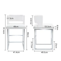 Lot de 2 tabourets de bar style nordique, structure métallique robuste avec pieds argentés, 48x53.3x91.4 cm, Blanc+Argent(m-3)