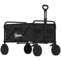 Outsunny Carro de Jardín Plegable con Ruedas Bloqueables Mango Ajustable Portavasos Carga 80 kg para Campaña 85x50x99 cm Negro(m-1)
