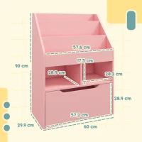 HOMCOM Kids Bookshelf, Toy Organiser, with Storage Drawer, Wheels - Pink(m-3)