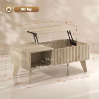 HOMCOM Masă de Cafea Rabatabilă, Compartiment Ascuns, 2 Polițe Deschise, Colțuri Rotunjite, Stil Mid-Century, 100x48x41cm, Stejar(m-3)