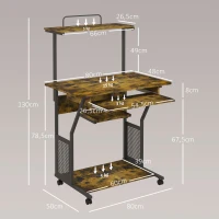 HOMCOM Scrivania per computer su ruote con ripiani e piano tastiera, 80x50x130 cm, marrone(m-3)