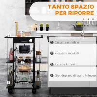 HOMCOM Carrello da Cucina con Cassetto, 4 Cesti di Frutta Estraibili e Piano in Ceramica, Carrello Cucina Salvaspazio con 4 Ripiani Laterali in Legno di Pino e Metallo, 57x37x83 cm, Nero(m-4)