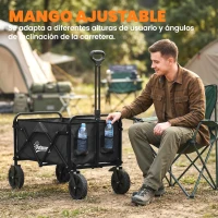 Outsunny Carro de Jardín Plegable con Ruedas Bloqueables Mango Ajustable Portavasos Carga 80 kg para Campaña 85x50x99 cm Negro(m-5)