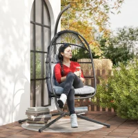 Outsunny Rattan Hanging Egg Chair with Stand, Foldable Wicker Swing Egg Chair with Cushion, Head Pillow, Steel Frame, Hammock Chair for Indoor Outdoor, Capacity 150 kg, Dark Grey(m-8)