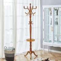 Porte-manteau européen en bois massif, design sculpté et élégant, plusieurs crochets à hauteurs variées, 48x48x195 cm, Couleur naturelle(m-5)