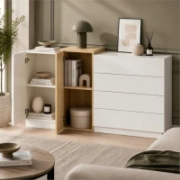 High-Gloss Sideboard with 4 Drawers and 2 Doors, Stylish Storage Cabinet with Anti-Tilt Safety Rails, 140L x 35W x 76.5H cm, White(m-9)