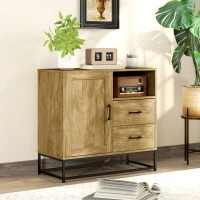 HOMCOM Credenza Moderna con 2 Cassetti, Armadietto Regolabile e Ripiano Aperto, in Legno e Acciaio, 80x40x78 cm, Marrone(m-2)