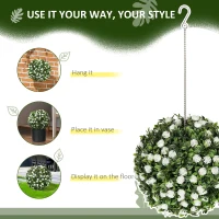 HOMCOM Set of 2 Decorative Artificial Plants, UV-protected Artificial Plant Topiary Rose Balls, Fake Plants for Home Indoor outdoor Decor, 28cm, White(m-6)