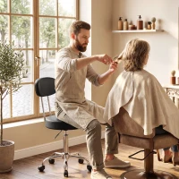 HOMCOM Banco com Rodas Giratório em Couro Sintético com Encosto e Altura Ajustável para Spa, Escritório e Tatuagens Preto(m-8)