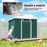 Outsunny Casetta da Giardino in Acciaio 272 x 134 cm con Porte Scorrevoli Doppie e 2 Prese d'Aria, Verde(m-5)