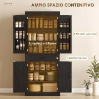 HOMCOM Dispensa Cucina in stile Country con 2 Armadietti, 6 Ripiani e Cassetto, in Legno, 76x39.5x183.5 cm, Nero(m-5)