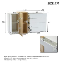 High-Gloss Sideboard with 4 Drawers and 2 Doors, Stylish Storage Cabinet with Anti-Tilt Safety Rails, 140L x 35W x 76.5H cm, White(m-3)
