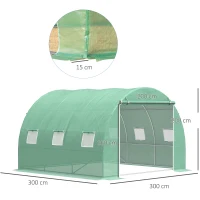 Outsunny Serre de jardin 9 m² serre tunnel de jardin 3 x 3 x 2 m avec porte enroulable et 6 fenêtres en maille en acier PE vert(m-3)