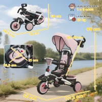 AIYAPLAY Triciclo Evolutivo 6 em 1 Dobrável Assento Giratório 360° Barra Parental Encosto Reclinável Toldo Rosa(m-3)
