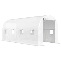 Outsunny Invernadero de Túnel 500x200x205 cm Invernadero de Jardín con Puerta Enrollable y 8 Ventanas Cubierta PE 140 g/m² Blanco(m-1)