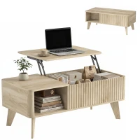 HOMCOM Masă de Cafea Rabatabilă, Compartiment Ascuns, 2 Polițe Deschise, Colțuri Rotunjite, Stil Mid-Century, 100x48x41cm, Stejar(m-8)