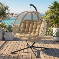 Outsunny Double Hanging Egg Chair 2 Seaters Texteline Swing Hammock Chair with Stand, Cushion and Folding Design, for Indoor and Outdoor, Brown(m-20)