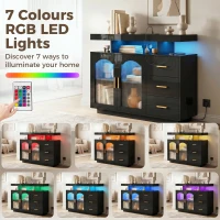 HOMCOM High Gloss Sideboard with LED Lights, Built-in Power Outlets, 3 Drawers, Shelves and 2 Acrylic Doors, Black(m-6)