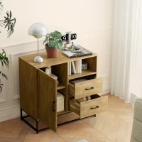 HOMCOM Credenza Moderna con 2 Cassetti, Armadietto Regolabile e Ripiano Aperto, in Legno e Acciaio, 80x40x78 cm, Marrone(m-8)