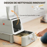 PawHut Bac à Litière pour Chat 80L en Inox avec Couvercle Rabattable à 180°, Tiroir Coulissant, Pelle, 63x43x43cm, Gris Clair(m-4)