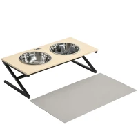 PawHut Comedero Elevado para Perros con 2 Cuencos de Acero Inoxidable Tapete y Alimentador Lento 60x30x18,5 cm Roble(m-11)