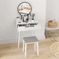 HOMCOM Modern Dressing Table with Round Mirror and Stool, Makeup Vanity Table with 2 Drawers for Bedroom, Living Room, 60 x 40 x 123 cm, White(m-6)