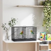 PawHut Jaula para Pájaros con Divisor 4 Comederos 4 Perchas Bandeja Extraíble para Loros Canarios Periquitos 76x46x46 cm Negro(m-10)