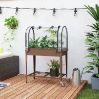 Outsunny Fioriera Rialzata con Mini Serra per Piante, Ruote e Ripiano, 80x40x120cm, Marrone(m-9)