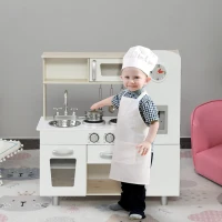 HOMCOM Cocina de Juguete de Madera con Fregadero Cocina de Inducción y Microondas Simulados con Accesorios Incluidos Cocina Infantil para +3 Años 74x30x81 cm Blanco(m-10)