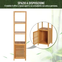 HOMCOM Mobile Alto Bagno/Terrazzo, Scaffale a Torre in Bambù 4 Ripiani + Armadietto con Anta, 36x33x140cm, Color Legno(m-5)