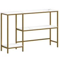 HOMCOM Console meuble 120 cm, table console 3 niveaux avec étagères de rangement, plateaux imitation marbre, blanc et doré(m-1)