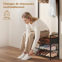 HOMCOM Porte-Manteau 5 en 1, Banc, Tringle, 10 Crochets Amovibles, 2 Tiroirs, Étagère à Chaussures, 80x30x181,5cm Brun Rustique(m-6)