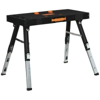 DURHAND Banco de Trabajo 5 en 1 Mesa de Trabajo con Altura Ajustable en 3 Niveles Patas Retráctiles 4 Ruedas Carga 150 kg Como Caballete de Sierra para Taller Garaje 105x74x80 cm Negro(m-1)