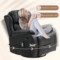 HOMCOM Poltrona Relax Reclinabile con 8 Punti Massaggianti, in Finta Pelle e Acciaio, 97x92x104 cm, Nero(m-6)