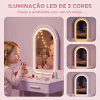 AIYAPLAY Toucador Infantil para Menina com Espelho LED de 3 Cores, Banco e 2 Gavetas, 3-8 Anos, Rosa(m-4)