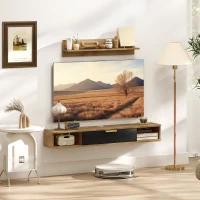 HOMCOM Conjunto de Muebles de Salón Muebles de TV con Estante de Pared Compartimentos Orificios para Cables 120x24x16 cm Roble(m-10)