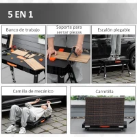DURHAND Banco de Trabajo 5 en 1 Mesa de Trabajo con Altura Ajustable en 3 Niveles Patas Retráctiles 4 Ruedas Carga 150 kg Como Caballete de Sierra para Taller Garaje 105x74x80 cm Negro(m-4)