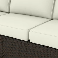 Outsunny 3 Seater Rattan Garden Sofa, PE Wicker Outdoor Sofa Wide Deep Seat, 4" Cushions, Wood-Effect Armrests Legs, Brown(m-11)