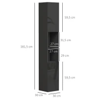 kleankin Mobile colonna bagno 2 ante con ripiani regolabili e 2 nicchie, 30x30x181.5 cm, nero(m-3)