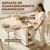 HOMCOM Mesa de Cocina Plegable para 6 Personas con Alas Abatibles Cajón Estantes Abiertos 168,2x85x73 cm Blanco(m-4)